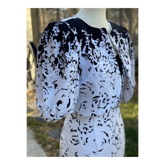 Vintage 1980s Wiggle Dress Set Bolero Black White Abstract New Wave Sz S Cotton - Picture 13 of 16